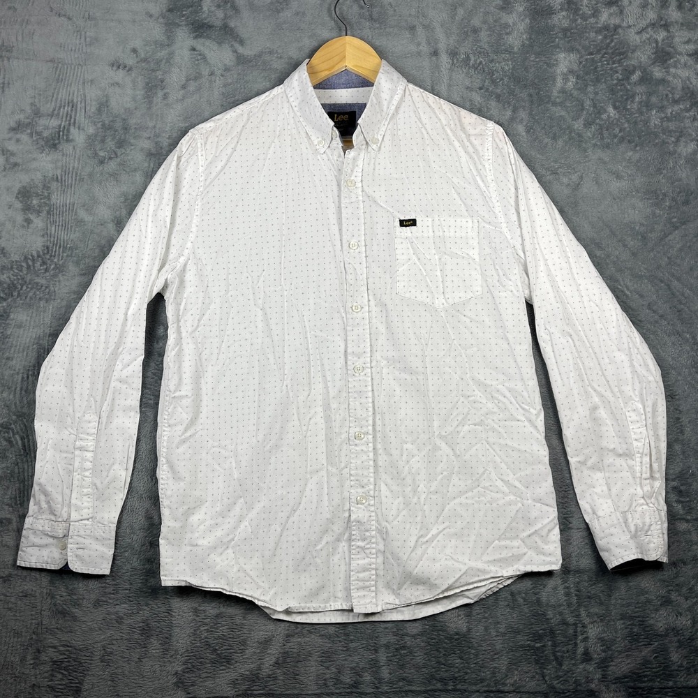 Lee Shirt Mens Medium White Micro Dot Print Regular Fit Chest Pocket Button Down